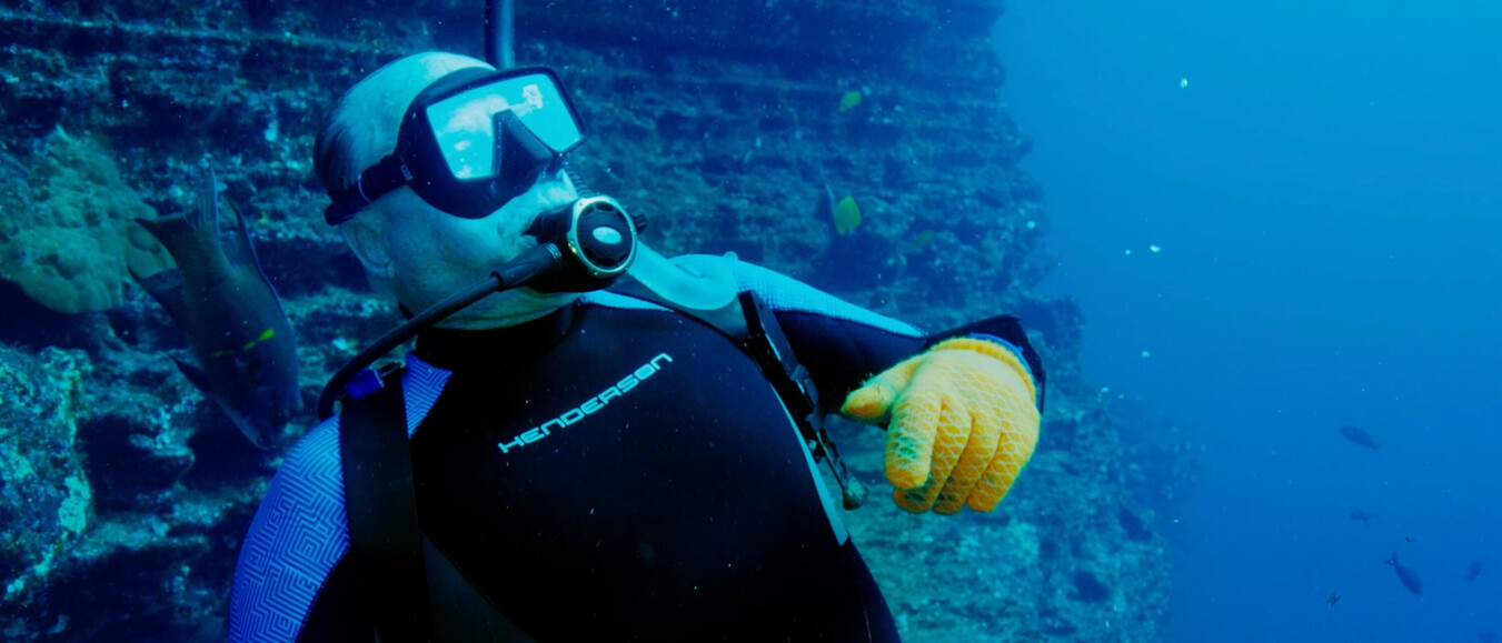 &Auml;lterer Taucher mit gelben Handschuhen und Tauchausr&uuml;stung zeigt auf etwas neben einem Unterwasserriff